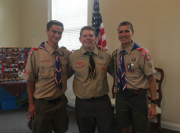 Celebrating the Eagle Scout distinction, seniors Justin Magill (left), Matthew
Taylor (middle), and Max McManus (right) attend McManus’s Eagle Ceremony.